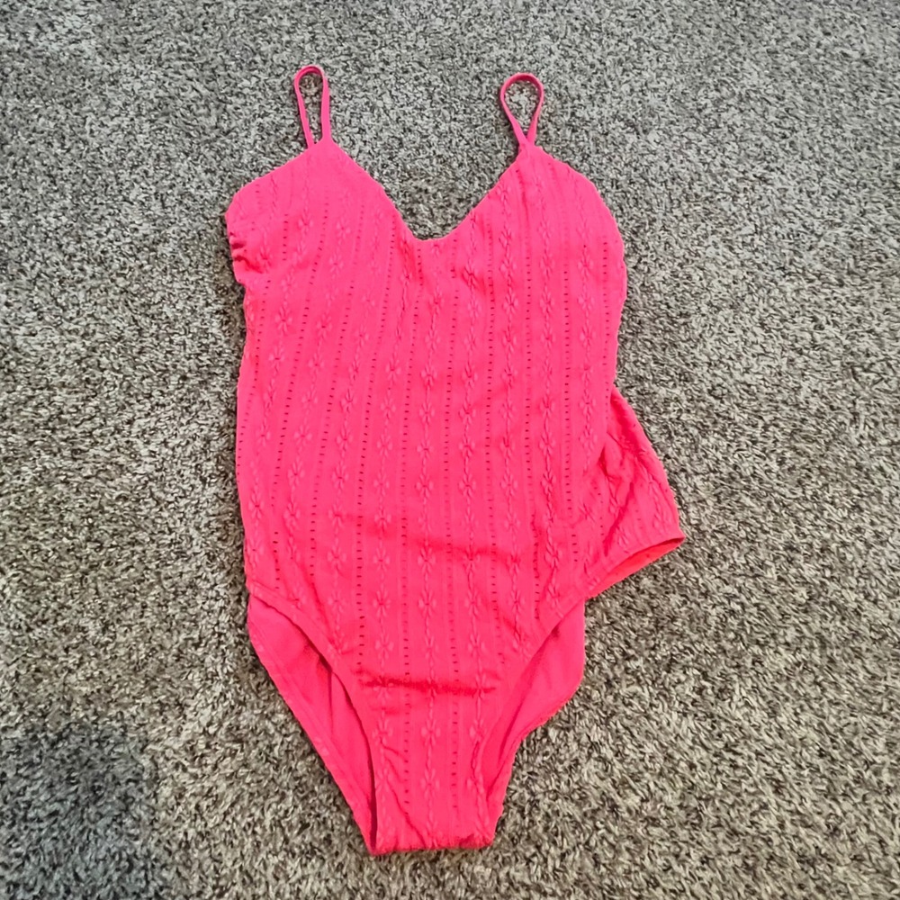 LOFT Swim Women XL Hot Pink Textured Eyelet V-Neck One-Piece Swimsuit NWT